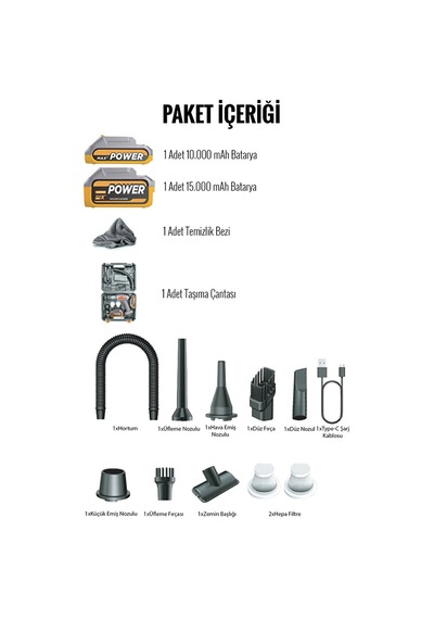 25.000mah Çift Bataryalı 20.000pa Güçlü Vakumlu Çantalı Araç İçi