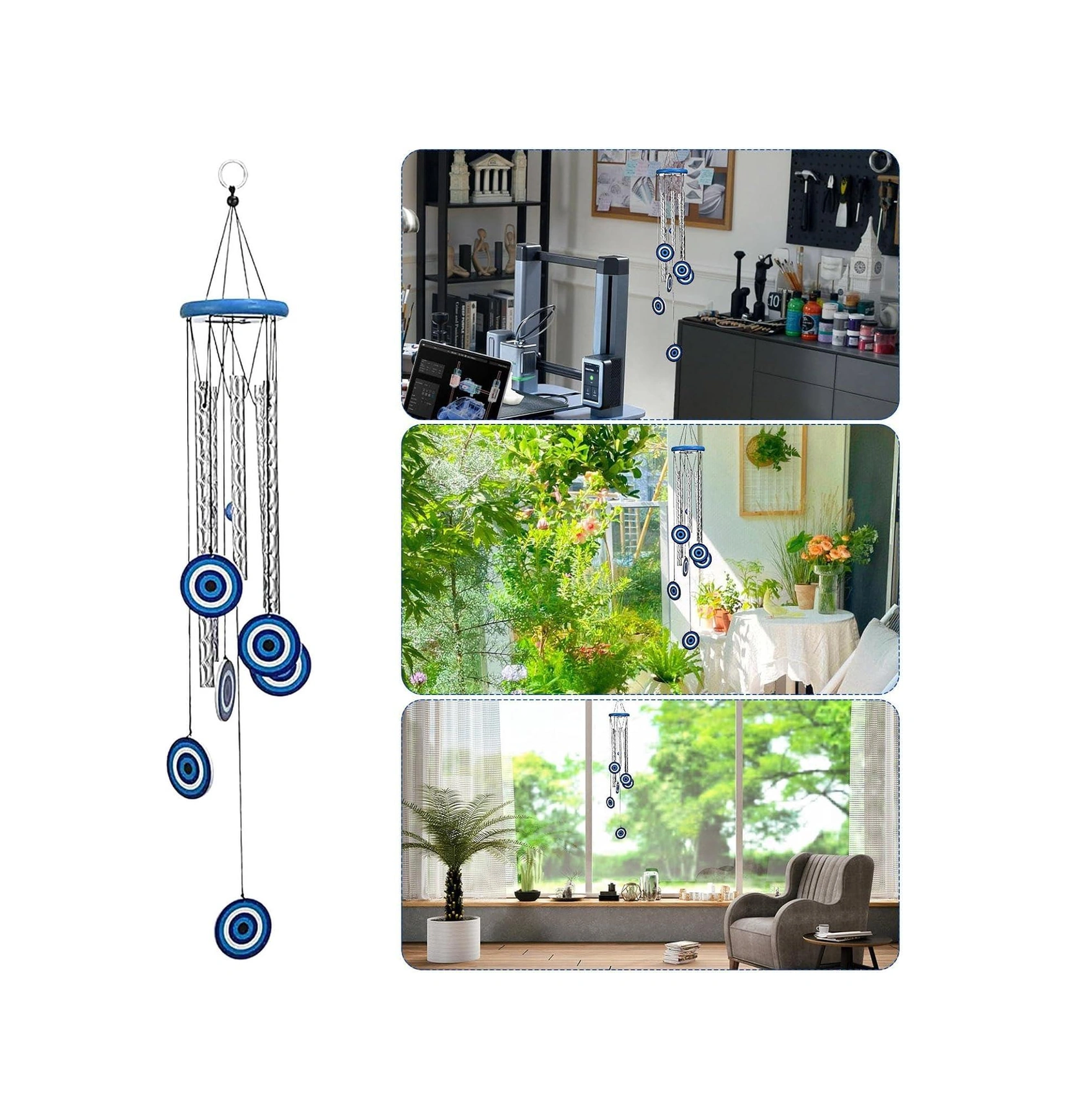 Feng Shui Nazar Boncuğu Rüzgar Çanı Metal Kötü Göze Karşı Dış Mekan Dekoratif Bahçe Kapı Süsü 60 Cm. 60  Cm