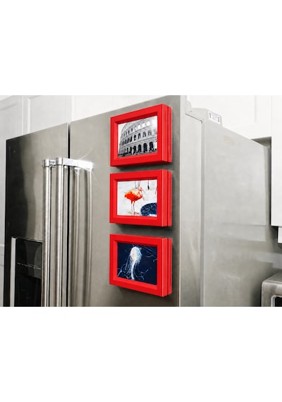 3d Baskı 3lü Magnet Fotoğraf Çerçevesi Seti - Buzdolabı İçin Mini Manyetik Resim Çerçevesi, Dekoratif Magnet-kırmızı