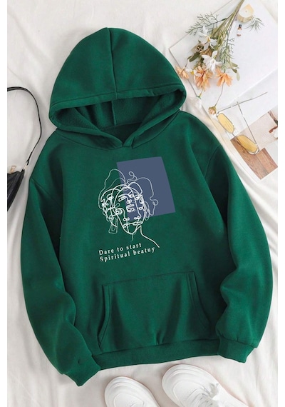 Uyguntarz Unisex Minimal Line Drawing Baskılı Sweatshirt Yeşil