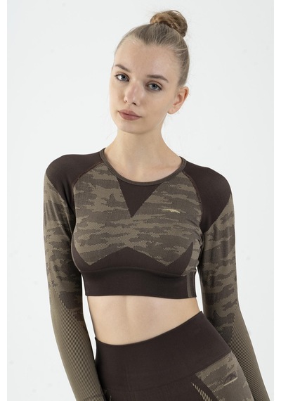 Maraton Active Slimfit Kadın Bisiklet Yaka Uzun Kol Fitness Kahverengi Crop Top 816013 Kahverengi