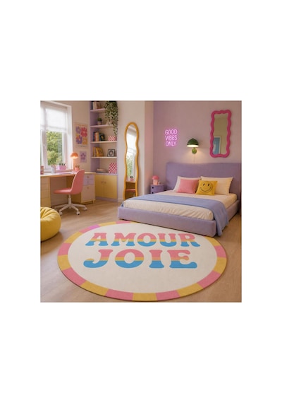"aura" Serisi - Amour Joie Yazılı Retro Yuvarlak Krem Pembe Sarı Pastel Dokuma Taban Dekoratif Halı Aura27 Çok Renkli
