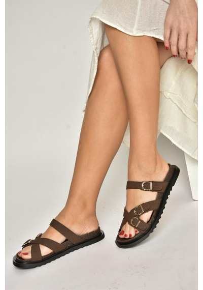 Fox Shoes Y250502502 Kahverengi Süet Tokalı Kadın Terlik Kahverengi