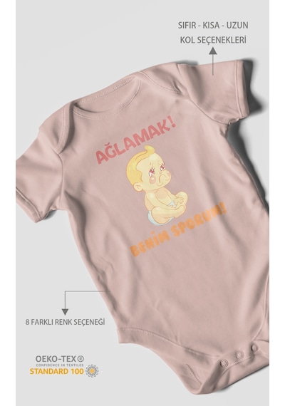 Ağlamak Benim Sporum Baskılı Bebek Zıbını Çıtçıtlı Body %100 Pamuk Kısa Kol Pastel Pembe