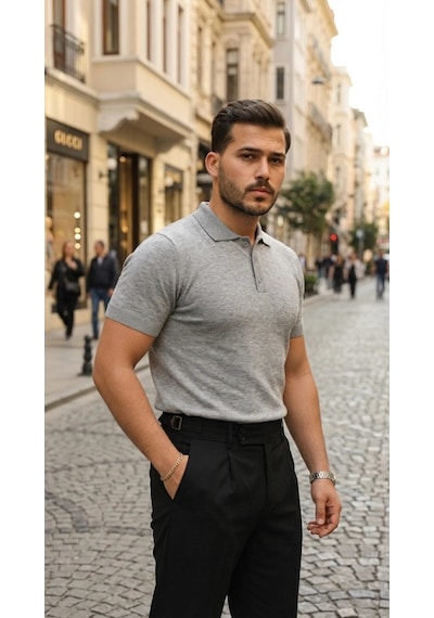 Defymoda Erkek Düğme Yakalı Kısa Kollu Pamuk Triko Tişört Gri