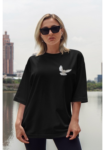 Spoyi Rebel Bloom Tasarımlı %100 Pamuk Yarım Oversize Siyah T-shirt