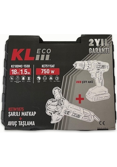 Klpro KLEco KETM1875 18V/1.5 AH Çift Akülü Darbeli Matkap + 750W Avuç Taşlama + 23 Parça Aksesuar Set