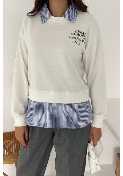 Noa & Noa Kadın Gömlek Detaylı Baskılı Sweatshirt Serene Layer Beyaz