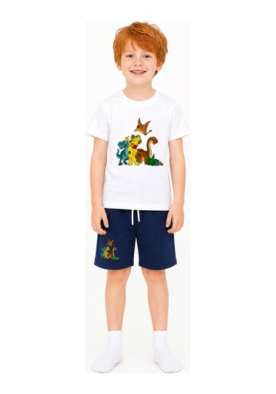 Haribo Lisanslı Dinozor Baskılı T-shirt Şort Takım Beyaz