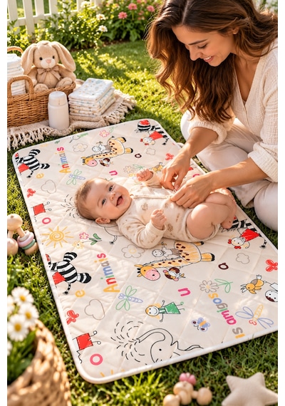 Yıkanabilir Bebek Alt Açma Pedi - Sıvı Geçirmez Kapitoneli Bakım Örtüsü, Pamuklu 50x70 Safari Desen
