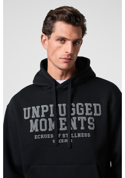 Grımelange Cassıan Erkek Önü Kabaran Baskılı Kapüşonlu Kordonlu Kanguru Cepli Siyah Sweatshirt Siyah