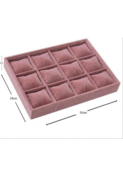 12 Bölmeli Ahşap Üzeri Baby Face Kumaş Saat Ve Takı Standı - Organizeri Ebat 35x24x5 Cm Açık Pembe