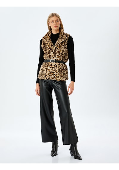 Koton Kolsuz Leopar Desenli Suni Kürk Yelek Deve Tüyü Desenli 5wak20374ew Camel Desenli Camel