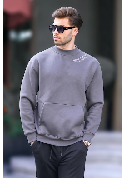 Madmext Füme Bisiklet Yaka Nakış Detaylı Cepli Erkek Sweatshirt 7049-füme Füme