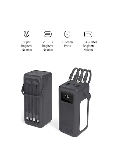 50000mah 22.5w Hızlı Şarj 4xusb 1xtype-c 1xmicro Led Işıklı Dahili Kablolu Çoklayıcı Powerbank Koyu Gri