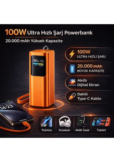100w Ultra Hızlı Şarj Powerbank 20000 Mah Pd 3.0 Type-c Dahili Kablolu Laptop Telefon Tablet Uyumlu Tft Ekran Taşınabilir Power Bank Turuncu