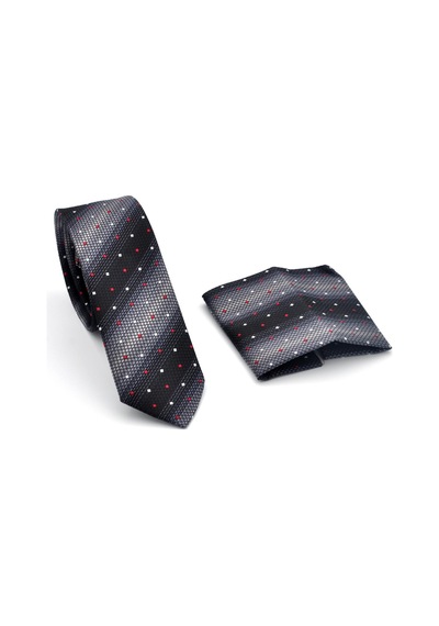 Gaffy Gri Füme Ve Siyah Verev Desenli Dokuma Kumaş Mendilli Slim Fit Kravat // Sdk-240803 Desenli