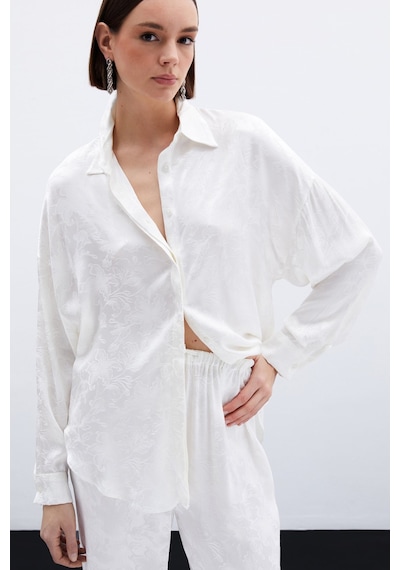 Sateen Jakarlı Saten Gömlek - Ekru-136040 Ekru