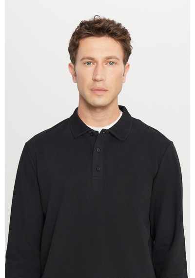 AC&Co / Altınyıldız Classics Erkek Sıyah %100 Pamuk Standart Fit Normal Kesim Polo Yaka Sweatshirt Siyah