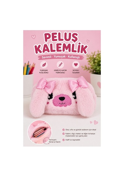 Pembe Peluş Tatlı Köpek Fermuarlı Tek Bölmeli Kız Kalemlik 1 Adet Tek Bölmeli Kalemlik Organizer 2215 Makyaj Çantası