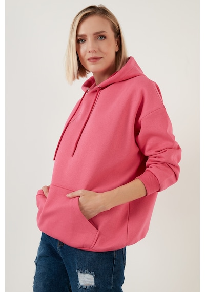 Lela Regular Fit Pamuklu Kapüşonlu Yaka Şardonlu Kışlık Bayan Sweat 5863854 Fuşya