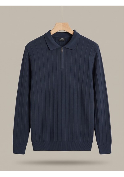Maccali Erkek Lacivert Fitil Detaylı Fermuarlı Polo Yaka Triko Sweatshirt