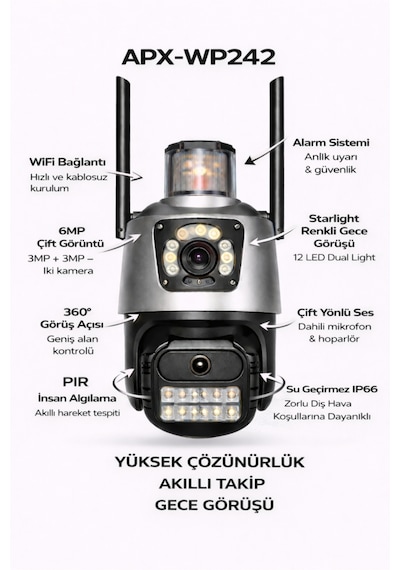Apx-wp242 6mp 2.8mm Çift Kamera 19 Led Wifi Ptz 11.03.01.002700