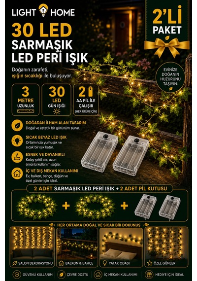 2 Adet Yapay Sarmaşık Led Işık Dekoratif Işıklı Sarmaşık Led Oda Duvar Yatak Odası Parti Yılbaşı Dekoru Her Biri 3 Metre 30 Led Sarı