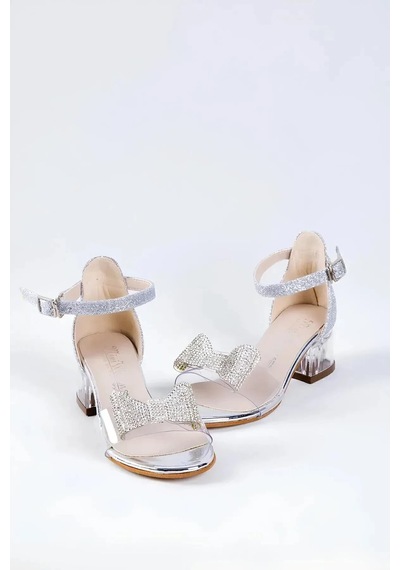 Nese Shoes Kız Çocuk Şeffaf Fiyonk Taş Detaylı Topuklu Ayakkabı, Kız Çocuk Abiye Ayakkabı Gümüş