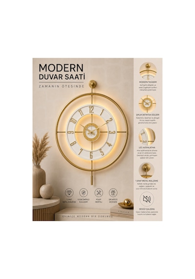 Pey Aksesuar Metal Temperli Camlı Duvar Saati 60x80 Cm Büyük Boy Işıklı Gerçek Cam Gold-şeffaf-beyaz-gold M61-gold-şeffaf-beyaz-gold