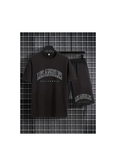 Erkek Siyah''los Angeles Baskılı'' Basic Oversize T-shirt- Şort Takım Strup0000000000015