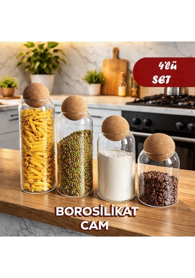 Porsima 4lü Ahşap Mantar Top Kapaklı Borosilikat Cam Kavanoz Seti Şekerlik Çerezlik Baharatlık Ve Saklama Kabı Renksiz