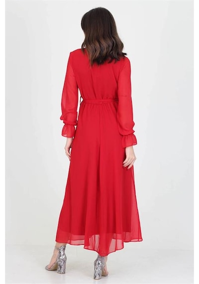 Neşeli Butik Kadın Yeni Sezon Astarlı Kruvaze Yaka Uzun Şifon Elbise Nb003 Kırmızı