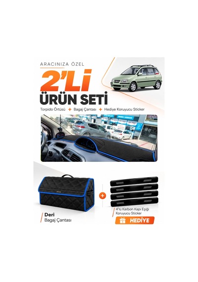 Hyundai Matrix 2001-2010 Uyumlu Torpido Örtüsü + Deri Bagaj Çantası + Sticker Seti - Siyah Mavi