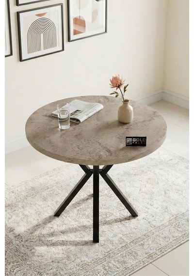 Tr Falez Mutfak Masası 90 Cm Yuvarlak Masa Modern Metal Ayaklı Cafe Balkon Ofis Yemek Masası 9826 Traverten Diğer