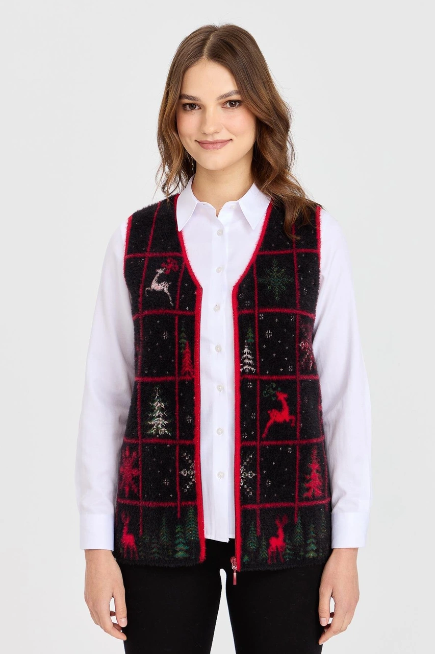 Desen Triko Kadın V Yaka Patchwork Yılbaşı Desenli Yelek Siyah Siyah