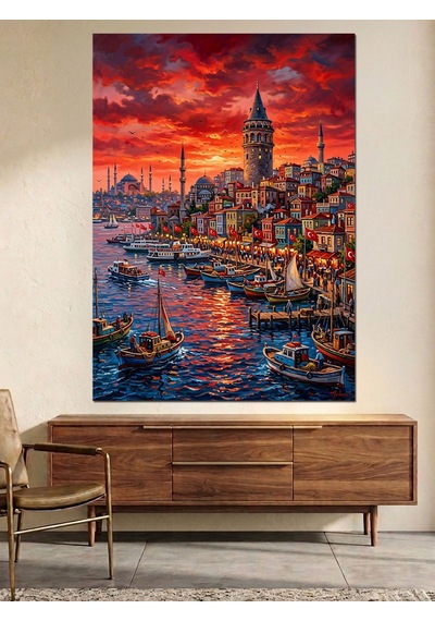 Kırmızı Gökyüzü Ve Galata Kulesi İstanbul Dekoratif Kanvas - Mdf Ahşap Tablo Çok Renkli