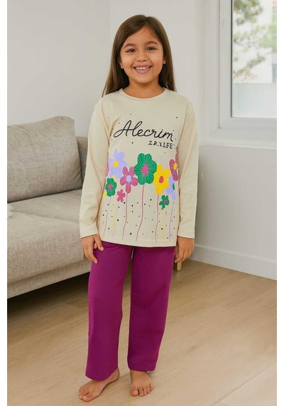 Çocuk Pijama Takımı %100 Pamuk Çiçek Desenli Krem