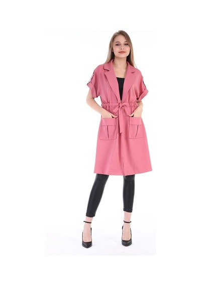 Mono Yaka Beli Tünelli Cepli Apoletli Kısa Kollu Pembe Yelek