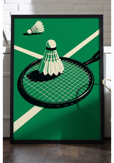 Tenis Raketi Siyah Ahşap Çerçeveli Poster, Dekoratif Spor Duvar Tablosu