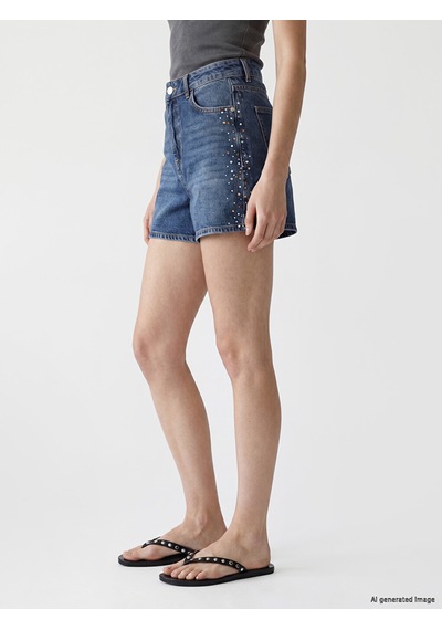 Lcw Jeans İndigo Yüksek Bel Taşlı Kadın Jean Şort