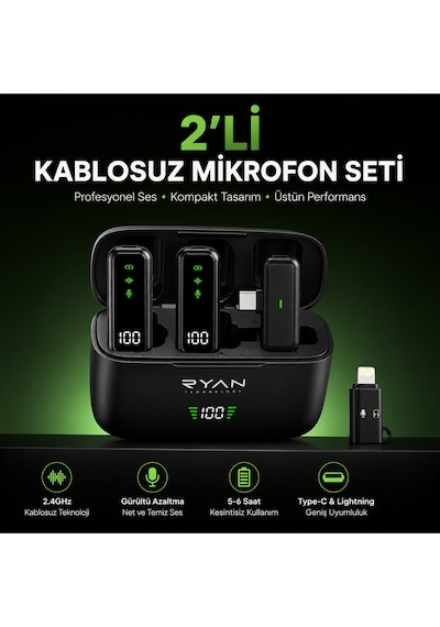 Kablosuz Yaka Mikrofonu 2'li Type-c & Lightning Uyumlu Şarj Kutulu Gürültü Azaltmalı İphone & Android Airmic Pro Ry-wm02