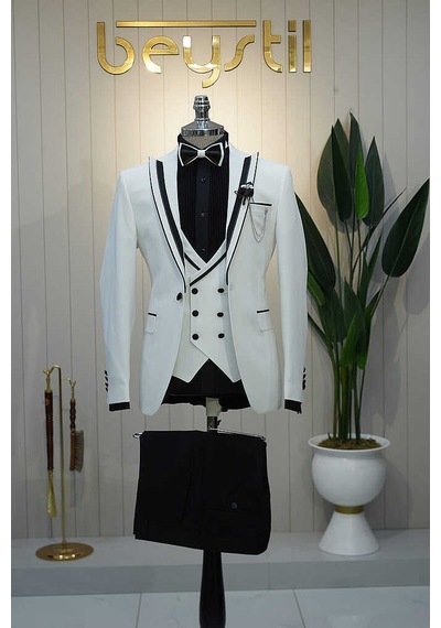 Bys Beystil Erkek Beyaz Slimfit Yelekli Damatlık & Smokin 8601