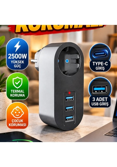 2500w Termal Korumalı Güvenlikli Priz 3 Usb, Type-c Ve Çocuk Koruması Diğer