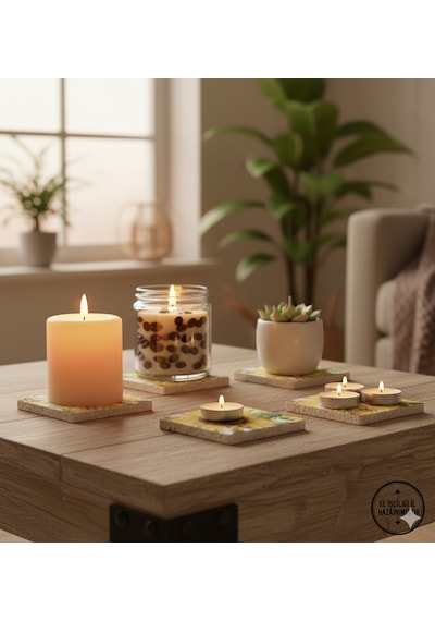10x10 Traverten Eskitme 4 Lü Takım El Yapımı Çiçek Desenli Bardak Altlığı Sarı