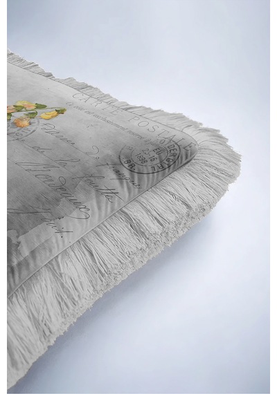 Vintage Çiçek Botanik Saçaklı Yastık Kılıfı - Nostaljik Floral Gri Krem Püsküllü Kırlent Kılıfı Gri