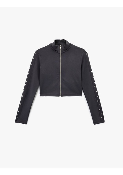 Koton Slim Fit Fermuarlı Uzun Kollu Dik Yaka Yıldız Ve Zımba Detaylı Crop Hırka Antrasit 6wak30120ek Antrasit