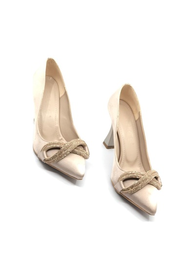 Feles Kadeh Topuk Taşlı Saten Stiletto Kadın Topuklu Ayakkabı Ten