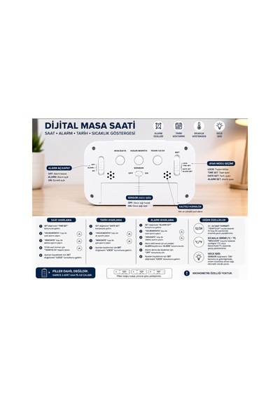 Dijital Masa Saati Büyük Led Ekranlı Alarm Özellikli Tarih Ve Sıcaklık Göstergeli Gece Işığı 12/24 Sa Diğer
