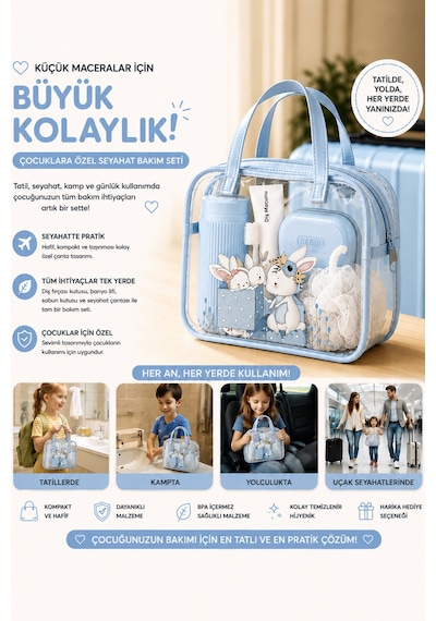 Porsima 3144 Tavşan Figürlü Seyahat Seti - Diş Fırçası Kutusu Banyo Lifi Sabun Kutusu Seyahat Çantası Mavi Mavi